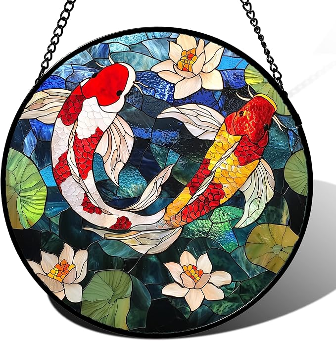 AMDERVEN Stained Glass Window Hanging, Koi and Lotus Sun Catcher for Door Home Decor Fish Suncatcher Christmas Mother's Day Birthday Gifts for Women Men Mom and Nana 11.8 in