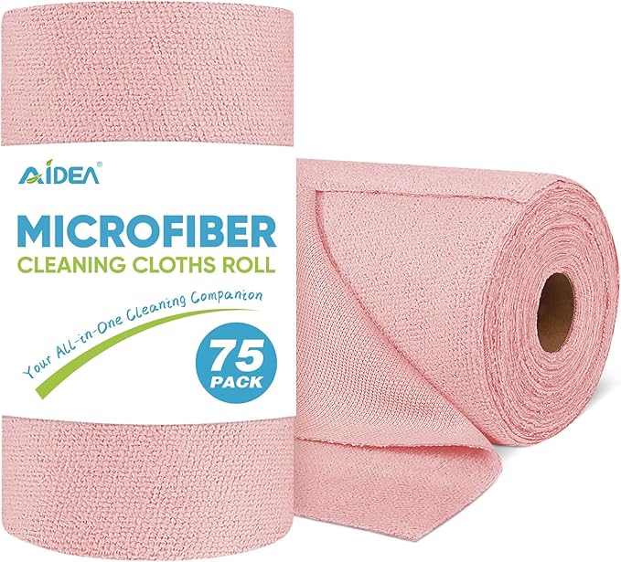 AIDEA Microfiber Cleaning Cloth Roll, 75PK, Tear Away Reusable Paper Towels, Pink Towels Lint Free Rags for House, Kitchen, Car Cleaning Supplies, 11.5"×11.5"