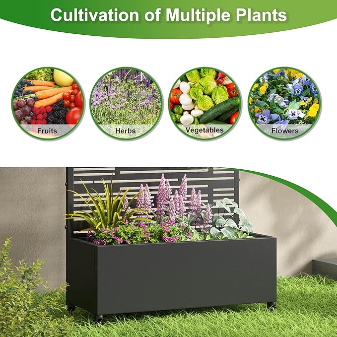 Casaphoria Metal Raised Garden Bed with Trellis and Wheels, 72"x35"x16" Planter Box for Climbing Plants, Vegetables & Vines, Features Drainage Holes and Privacy Screen (Black-Shine)