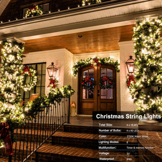 4 Pack Battery Operated Outdoor String Lights Timer Christmas Wreath Lights