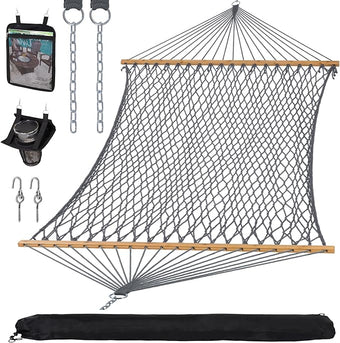 SUNCREAT Double Outdoor Hammock, Polyester Rope Hammock with Strong Spreader bar, Gray