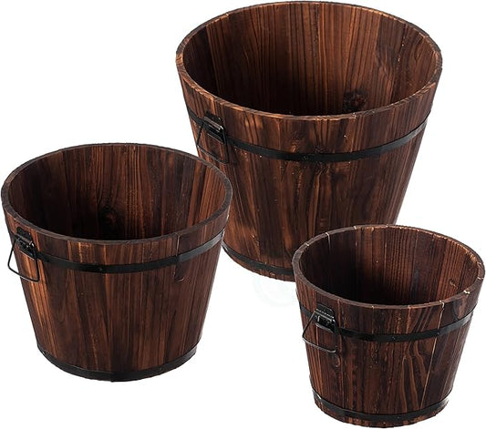 Rustic Wooden Whiskey Barrel Planter with Durable Medal Handles and Drainage Hole - Perfect for Indoor and Outdoor Plants, Herbs, and Vegetables - Set of 3