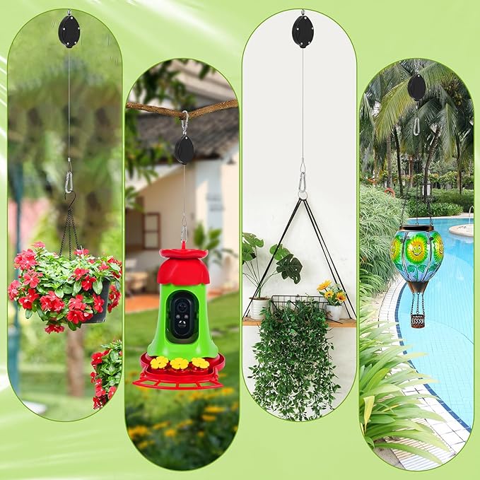 Plant Pulleys for Hanging Plants, Heavy Duty Retractable Hangers, 304 Stainless Steel Rope, Auto Plant Holder, Adjustable Climbing Hook for Garden Baskets Watering, or Bird Feeders (Black-4)