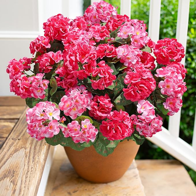Artificial Geranium Fake Flowers for Outdoors Decoration, 6 Bundles Silk Geraniums Flower UV Resistant Look Real Faux Plants for Front Door Garden Porch Planter Patio Balcony Yard Indoor Home, Mix
