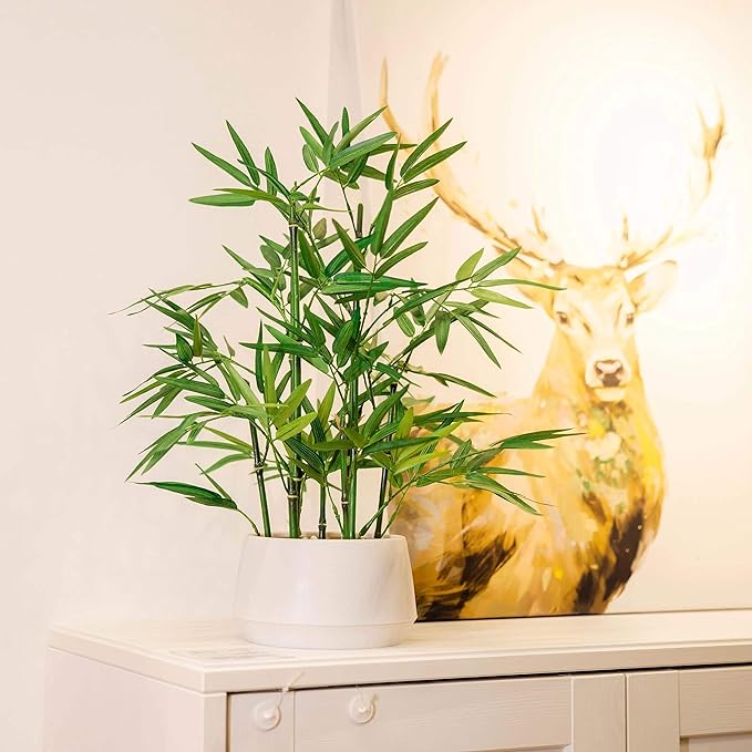 365 Blooming Decor 18 Inch Tall White Potted Faux Bamboo Plant - Luxury Artificial Bamboo in White Pot for Home, Office, Kitchen, Counter Top, Indoor Decor, Money Tree, Lucky Tree