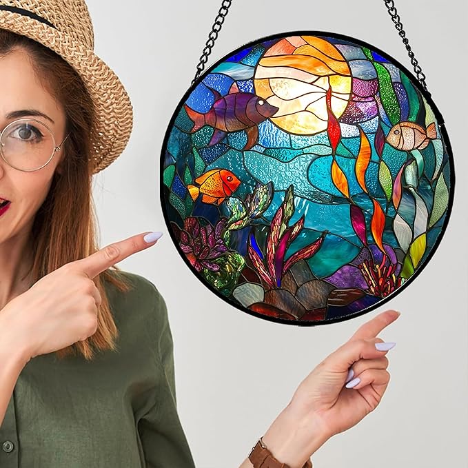 Stained Glass Window Hanging - Blue Ocean World Small Fish Coral Sun Catcher for Door Garden Home Decor Sea Suncatcher Christmas Mother's Day Birthday Gifts for Women Men Mom Nana 6.3 in