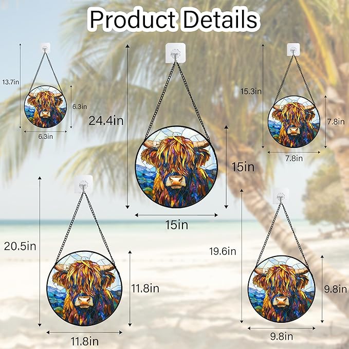 Stained Glass Window Hanging - Highland Cattle Suncatcher for Door Terrace Garden Home Decor Western Style Brown Cow Sun Catcher Birthday Gifts for Lovers Women Men Dad Mom Nana 11.8 in