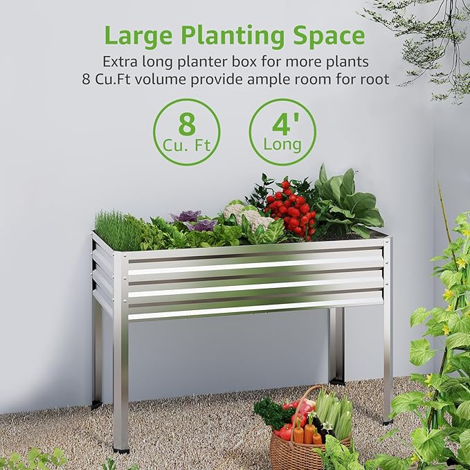 Galvanized Raised Garden Bed with Legs, 48 gallons, 48"x24"x32" Large Metal Elevated Planter Boxes with Drainage Holes,for Vegetables, Flowers, Backyard, Patio, Balcony