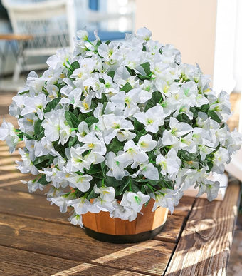 Artificial Bougainvillea Flowers for Outdoors Fake Plants, 4 Bundles White Fake Spring Flowers Silk UV Resistant Look Real Faux Flowers for Outdoor Planters Porch Patio Window Garden Outside Decor