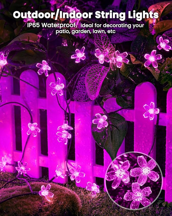 Brightown 60 LED Solar String Lights Flower Outdoor Waterproof Fairy Lights for Garden Yard Fence Patio Christmas Tree Wedding Party Decor, Pink
