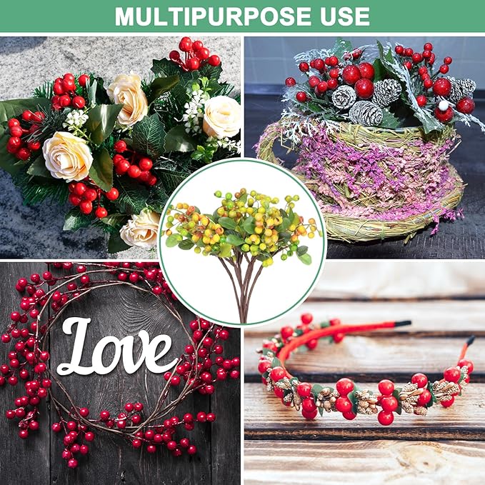 6-Pack Artificial Berry, 9.8 Inch Faux Holly Berry Foam Faux Frosted Berries with Stems for Home/Wedding/Christmas/DIY/Party/Garden/Office [Yellow]
