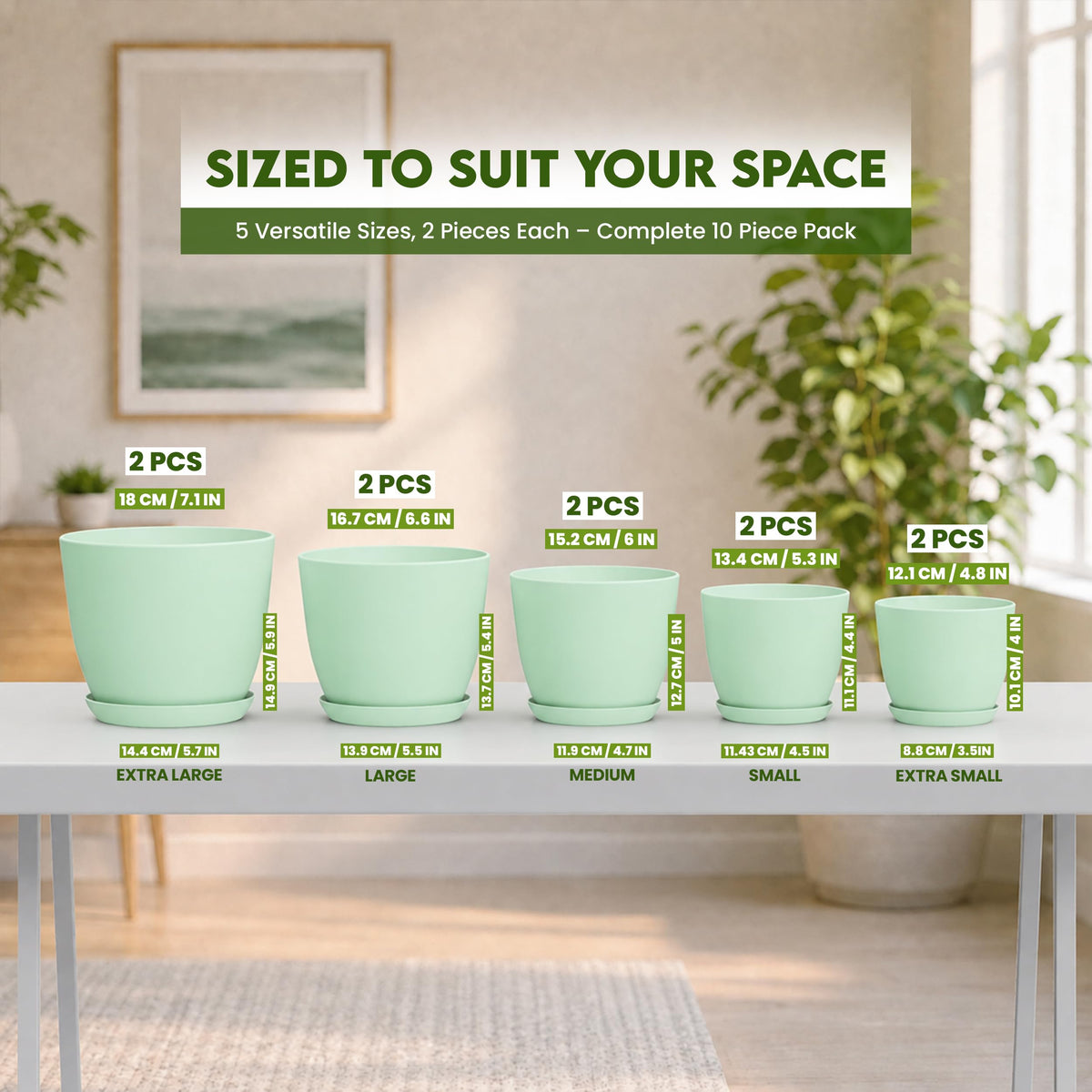 Plant Pots Indoor with Drainage, 10 Pack Multi-Size Planters Set, Aqua