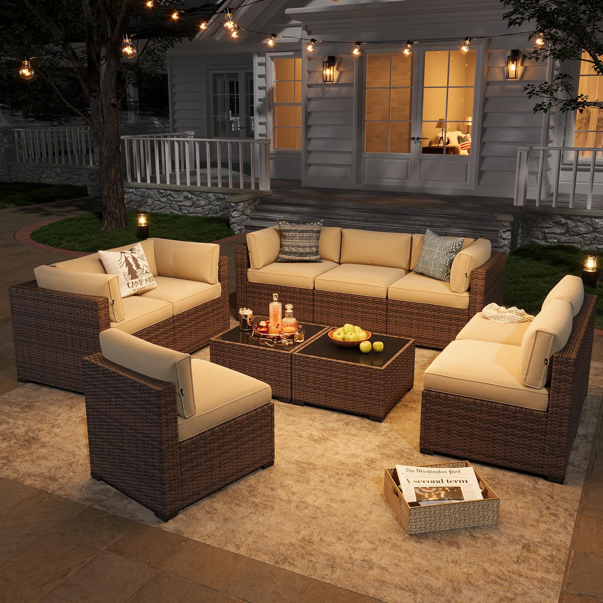 Aoxun Patio Furniture Sets, 10-Piece Outdoor Patio Furniture with Thick Cushions, Wicker Outdoor Conversation Set Sectional Sofa for Backyard, Poolside, Garden