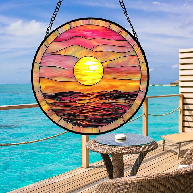 Stained Glass Window Hanging, Sunrise Sea Surface Sun Catchers Diamond Glass Panel Hangings Abstract Suncatcher Decor for Birthday for Women, Men, Wife, Aunt, and Mom 14.9 in