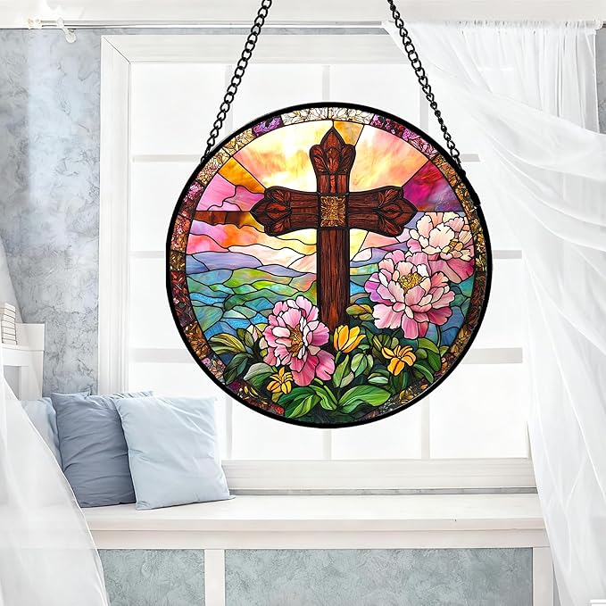 JOSUMALY Christian Gifts for Women - Cross Stained Glass Window Hanging Jesus Easter Pink Flower Peony Sun Catcher Garden Religion Decor Mother's Day Catholic Gift for Men Grandma Mom Her Nana 15"