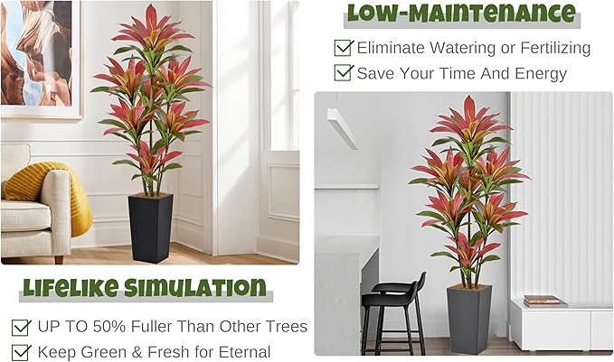 Roselywed Artificial Red Dracaena Tree 6FT with 114 Leaves & 7 Heads & Black Tall Planter Cover with Coconut Fiber Tall Faux Tropical Silk Bicolor Plant 72 Inch for Indoor Home Office Porch Mall Decor