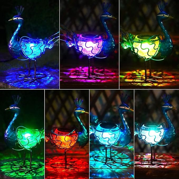 HONGLAND Solar Peacock Statue Light, Solar Animal LED Lights Outdoor, Solar Power Figurine Waterproof Metal Peacock Yard Art for Pathway Patio Backyard Decoration Lawn Ornaments, Peacock Blue