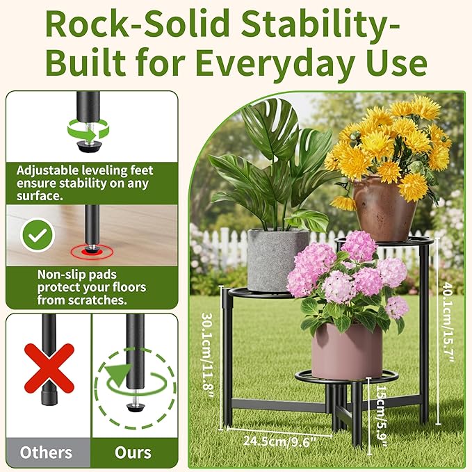 NQW Tiered Plant Stand Outdoor 3 Tier Indoor Metal Flower Shelf for Multiple Plants Corner Tall Flower Holders for Patio Garden Living Room Balcony Bedroom Black Diamond