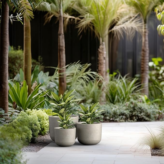 Kante 13",11",9" Dia Weathered Concrete Round Planters (Set of 3), Outdoor Indoor Modern Planter Pots, Lightweight, Weather Resistant, Seamless with Drainage Hole