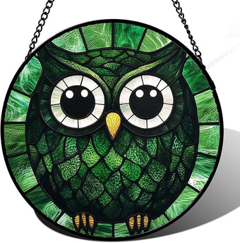 Stained Glass Window Hanging - Green Owl Suncatcher for Doors Garden Patio Funny Bird Sun Catchers Decor Christmas Mother's Day Birthday Teenager Gifts for Women Men Mom Nana Friend 6.3 in