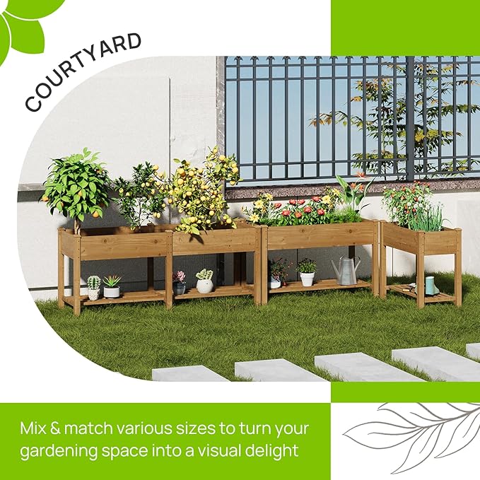 Raised Garden Bed, Planter Box with Storage Shelf, Elevated Wooden Planter Box with Legs, Garden Planter for Backyard, Patio, Balcony, Natural Wood (Brown, L)