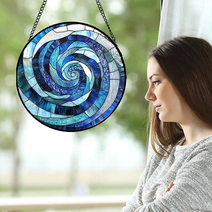 Stained Glass Window Hanging - Blue Abstract Swirl Suncatcher for Doors Garden Patio Unique Sun Catchers Decor Christmas Mother's Day Birthday Gifts for Women Men Mom Nana Friend 9.8 in