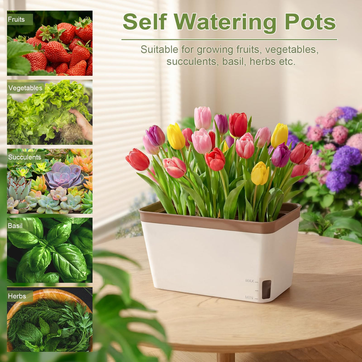 OurWarm Self Watering Pots for Indoor Plants, 6 Pack 10.5 Inch Plastic Window Herb Planter Box with Water Level Indicator, Modern Decorative Windowsill Planters for Herbs, Flowers, Seedlings