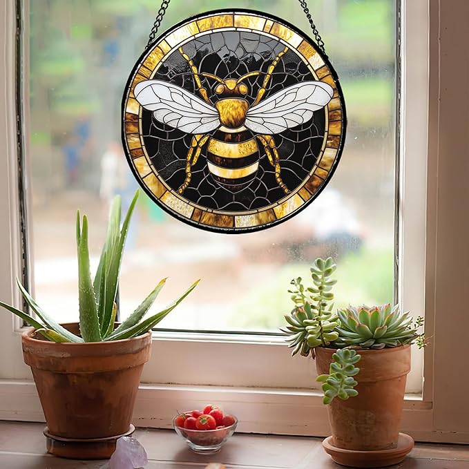 AMDERVEN Stained Glass Window Hanging - Black Gold Bee White Wings Sun Catcher for Door Home Decor Insect Suncatcher Christmas Mother's Day Birthday Gifts for Women Men Lovers Mom Nana 7.8 in