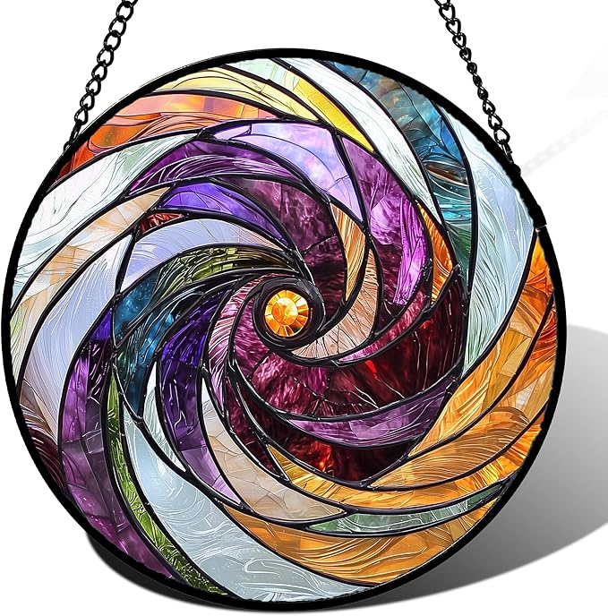 Stained Glass Window Hanging, Colorful Abstract Spiral Pattern Suncatcher for Doors Window Home Sun Catchers Decoration Mother's Day Birthday Gifts for Women, Men, and Mom 9.8 in