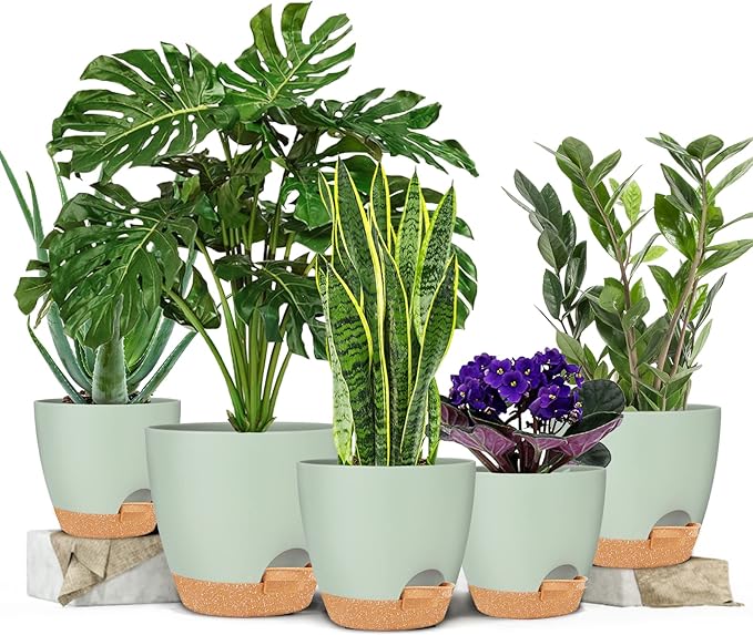 GARDIFE Plant Pots 7/6.5/6/5.5/5 Inch Self Watering Planters with Drainage Hole, Plastic Flower Pots, Planters for Indoor Plants, Succulents,Snake Plant, African Violet, Flowers,Green