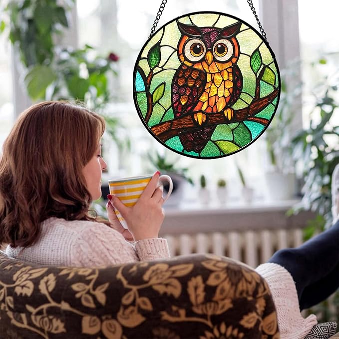 HWRHTR Stained Glass Window Hanging - Owl on a Branch Suncatcher for Doors Window Home Orange Brown Sun Catchers Decor Christmas Mother's Day Birthday Gifts for Teacher Women Men Mom Nana 6.3 in