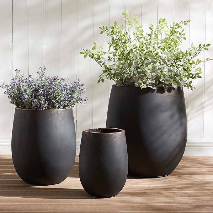 Wallowa 17.7"+13.3"+9.5" Dia Round Concrete Planter Set of 3, Large Outdoor Planter, Black with Gold Rim, Flower Pots with Drainage Holes for Garden, Patio, Home, Office