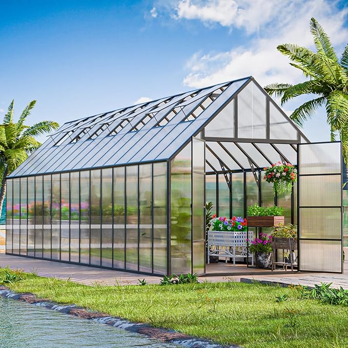 CDCASA 32x10x10 FT Greenhouse for Outdoors, Easy Assembly Large Thicker Aluminum Heavy Duty Polycarbonate Greenhouses Kit w/7 Windows, Outside Sunroom Walk-in Green House for Patio,Backyard