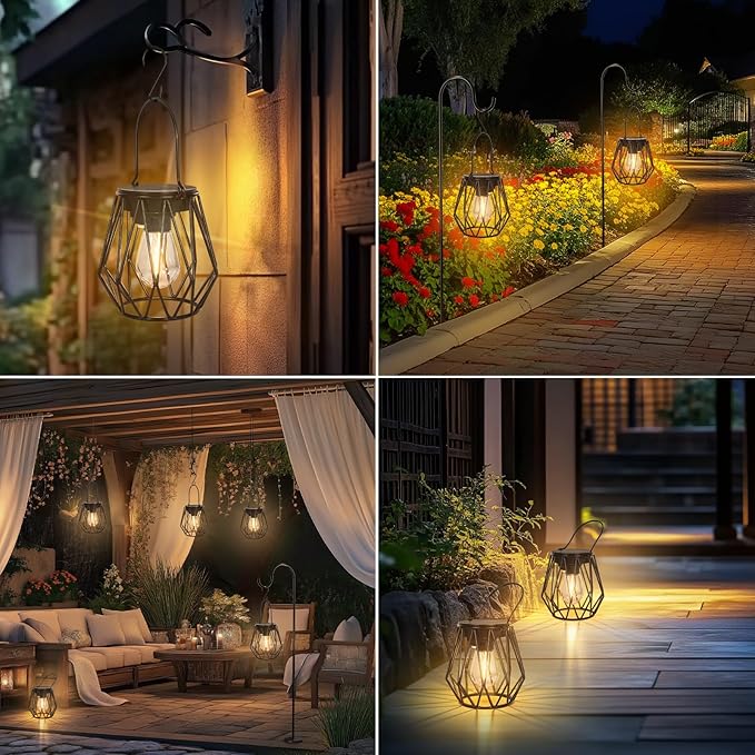Solar Lanterns Outdoor Waterproof, Upgraded Powered Hanging Solar Lights for Outside, Auto On/Off, Brighter Hanging Outdoor Decor Lights for Yard Garden Patio Pathway 2 Pack