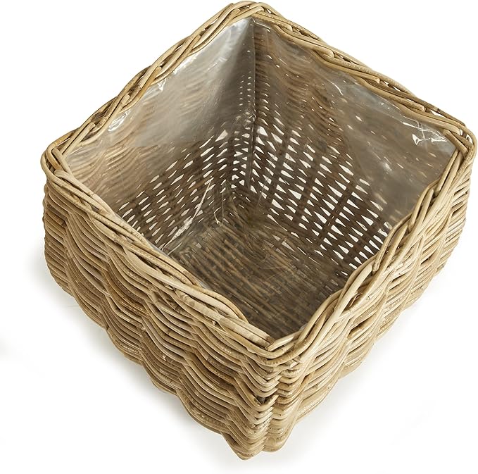 MY SWANKY HOME Elegant Curved Square Natural Rattan Planters with Liners Floor Baskets