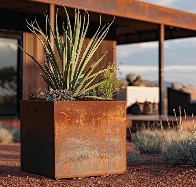 DIY CARTEL Corten Steel Cube Outdoor Planter Box, Rustic & Modern Farmhouse Design, Large Raised Metal Garden Bed for Commercial & Residential Use