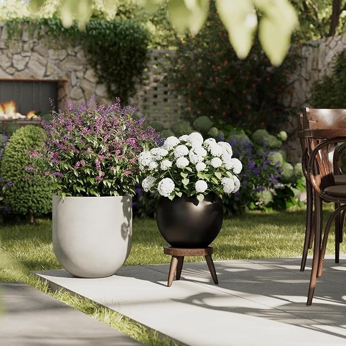 10 H x 14" Dia (10" Pot Opening) Round Fiberstone Planter with Drainage Hole, Black, Indoor/Outdoor Large Plant Pot for Home Patio Garden, Ideal for Large Plants