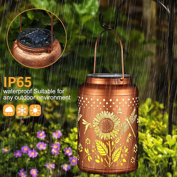 2 Pack Solar Lanterns Outdoor Waterproof, Dragonflies Garden Decor Gifts for Women Mom Grandma Hanging Solar Lights Metal Decoration Outside for Yard, Pati(Sunflowers)