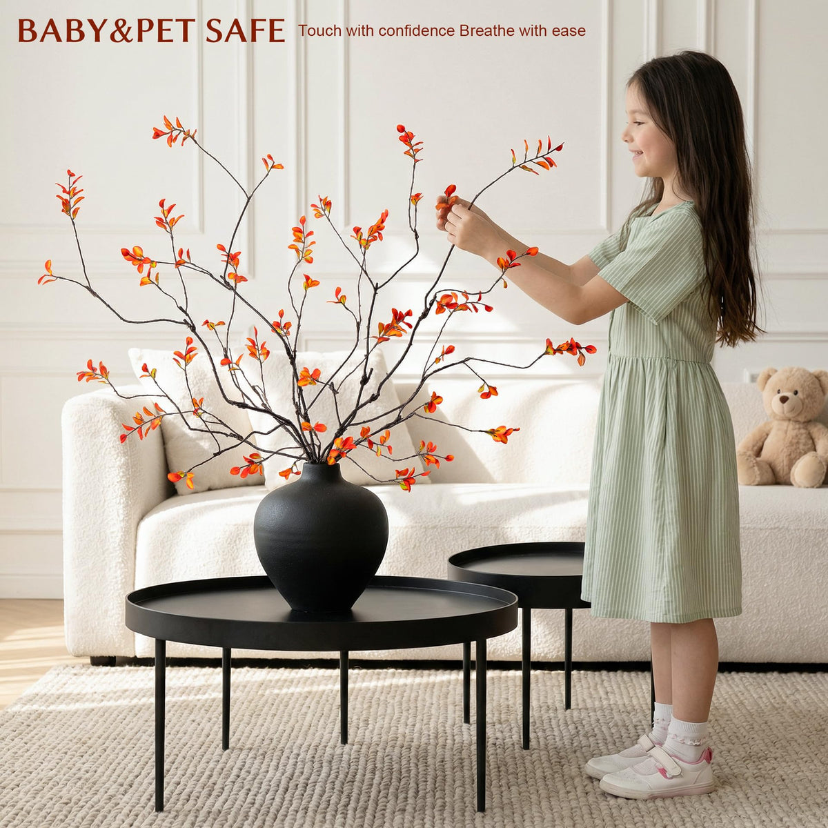 Ttranewsoo 4 Pcs Tall Fall Branches for Floor Vase, 47.2 Inch Artificial Ficus Branches, Faux Eucalyptus Stems and Fall Greenery Stems for Autumn Home Decor, Orange, Vase Not Included
