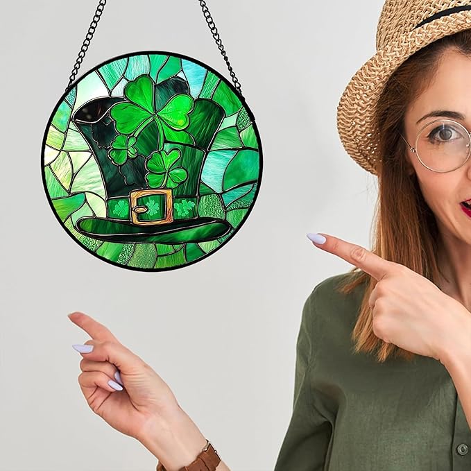 QZQCBLC Stained Glass Window Hanging Green Lucky Clover Hat Large 11.8" - Suncatcher Door Garden Sun Catcher Ireland Decor Birthday Mother's St. Ripack's Day Gift for Woman Mom Men Friend Nana Wife