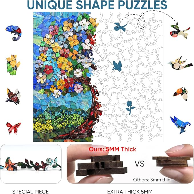 Delobil Jigsaw Puzzles, Flower Tree Wooden Puzzles for Adults, 200 Piece Unique Shaped Stained Glass Puzzle for Kids, Plant Art Birthday Gifts Family Game, 11.2 x 11.2 Inches