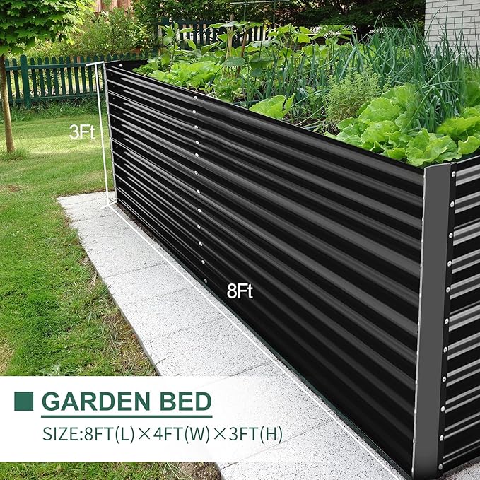 Land Guard 8x4x3ft Rectangular Galvanized Raised Garden Beds, Large-Capacity Metal Planter Box Outdoor, Durable Deep Raised Garden Bed 3ft Tall, Raised Beds for Gardening Vegetables, Dark Grey