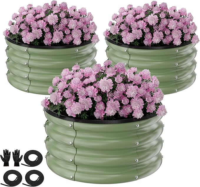 Round Galvanized Raised Garden Bed Kit, 3 Pcs 2 x 2 x 1ft Forest Green Galvanized Garden Boxes, Outdoor for Vegetables