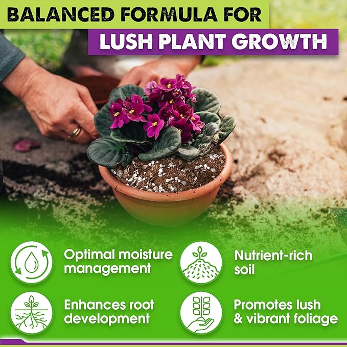 DUSPRO Recycle Premium 4-in-1 African Violet Potting Soil African Violet Soil Blend with Perlite, Coco Peat, Pumice, Pine Bark for Optimal Moisture Retention & Drainage 2QT