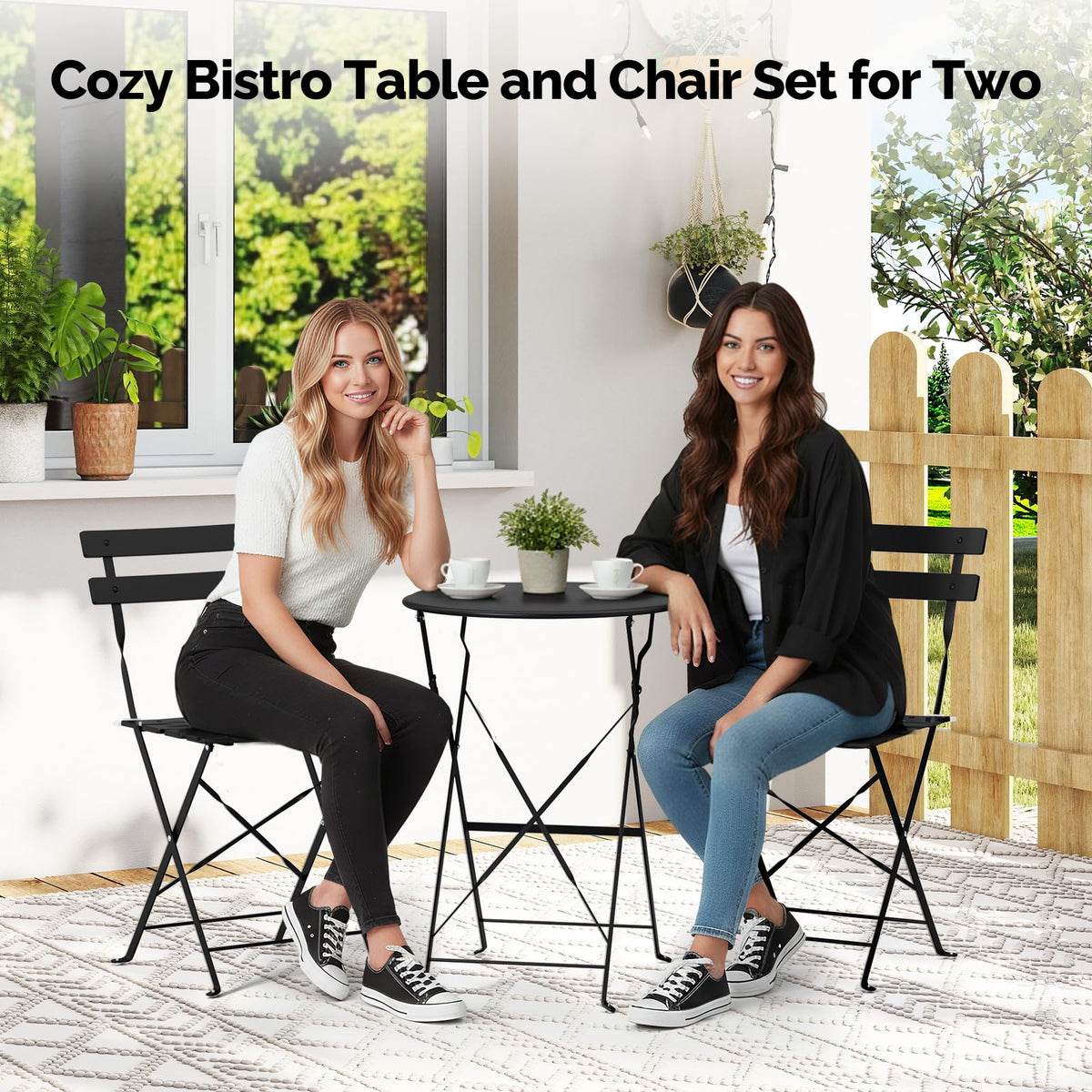 VINGLI Outdoor Folding Bistro Table and Chairs Set of 2, 3-Piece Bistro Set with Premium Steel Frame for Patio, Balcony, Garden, Porch, Yard, Black