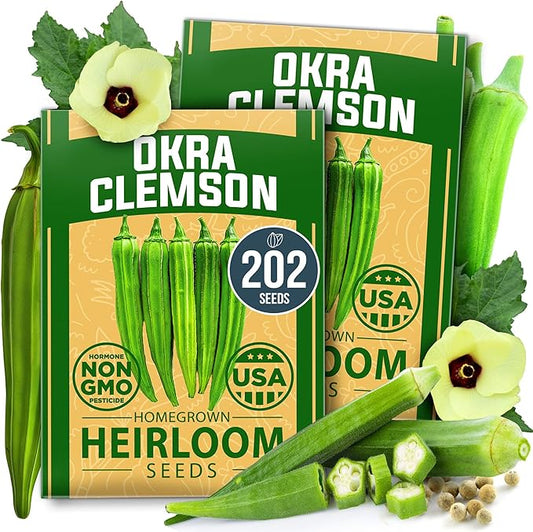 HOME GROWN Clemson Spineless Okra Seeds - 202 (2 Pack) Heirloom Vegetable Seeds, Premium Garden Seeds for Planting Outdoors (Abelmoschus esculentus)