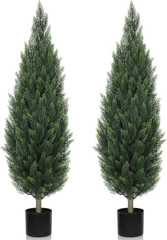 Artificial Cedar Trees Outdoors 4FT - UV Resistant Indoor Faux Topiary Trees, Realistic Potted Cypress Plants for Outside Planter, Fake Shrubs for Home Entrance Patio Front Porch Decor, Set of 2