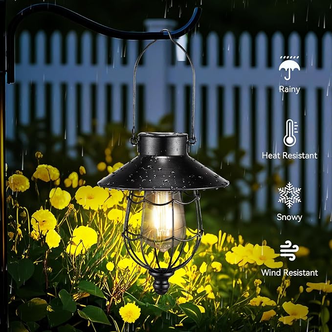 Solar Lanterns Outdoor Hanging Metal Vintage Lantern Warm White Solar Lights lamp Waterproof Edison Bulb Design for Pathway Garden Patio Yard Tree Decoration (Black)