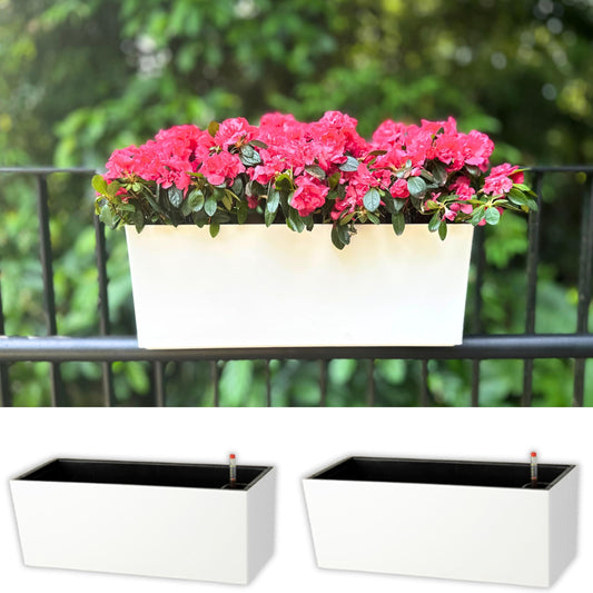 LaLaGreen Rail Planter for Balcony Outdoor (20 Inch, 2 Pack) Large White Self Watering Deck Railing Planters with Brackets, Rectangular Plastic Fence Flower Box Designer Choice