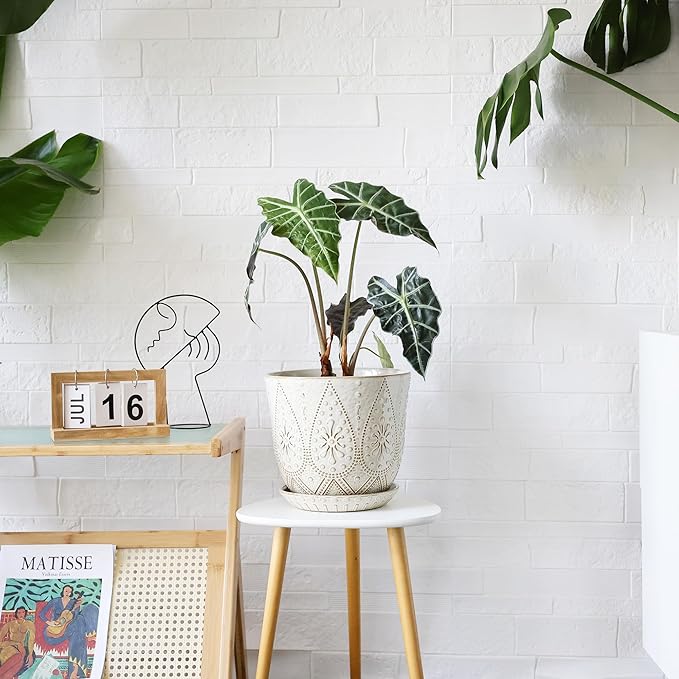 Gepege 10 Inch Plant Pot, Creamy White Ceramic Planter with Drainage Holes and Saucers for Plants Indoor and Outdoor Flower Pot